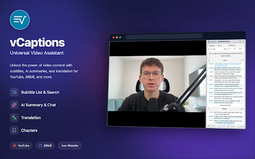 vCaptions: Legendas Inteligentes e Resumos AI para Vídeos - Screenshot 1