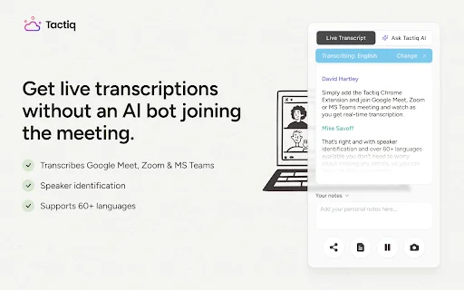 Tactiq: Transcrição e Resumos por IA para Google Meet, Zoom e Teams - Screenshot 1